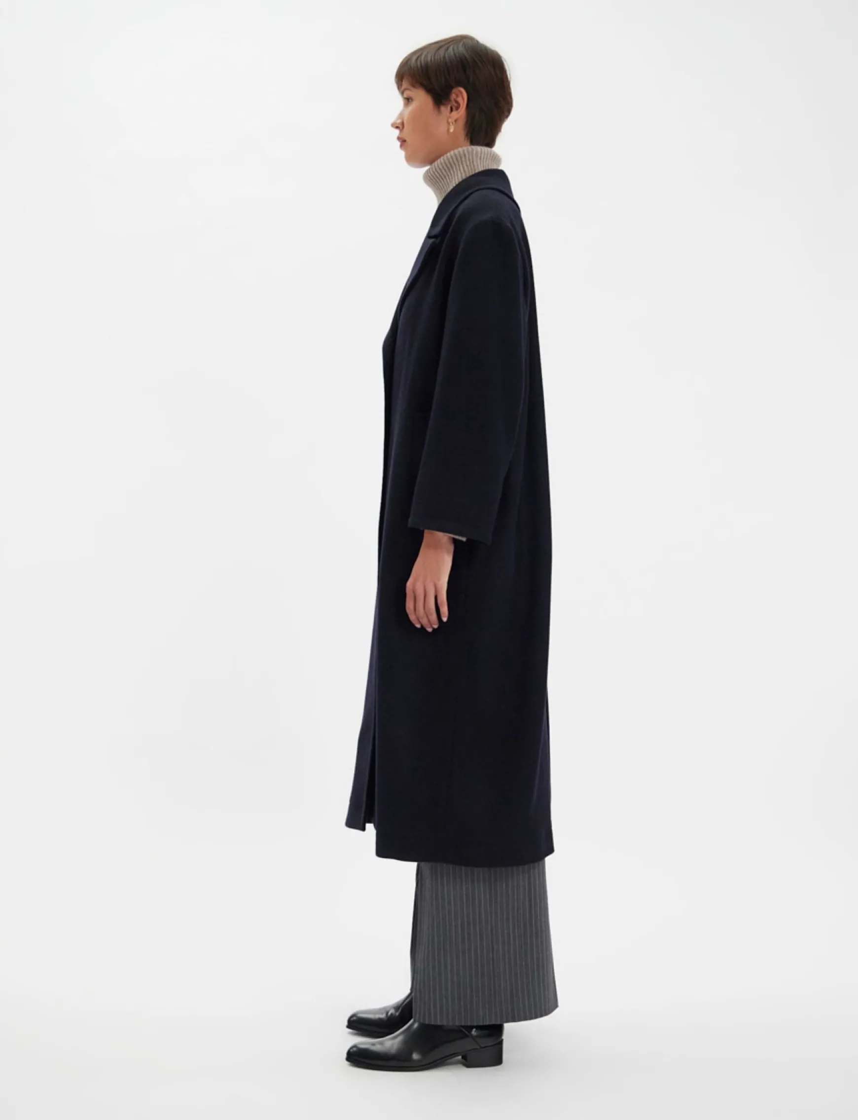 Denise navy and black herringbone wool coat