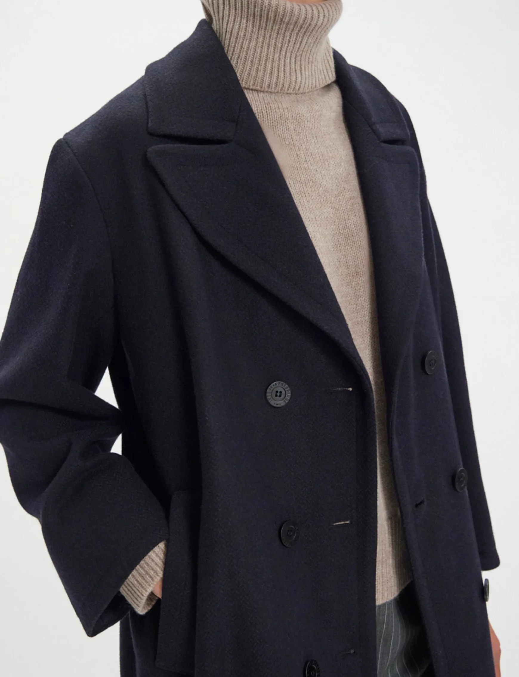 Denise navy and black herringbone wool coat