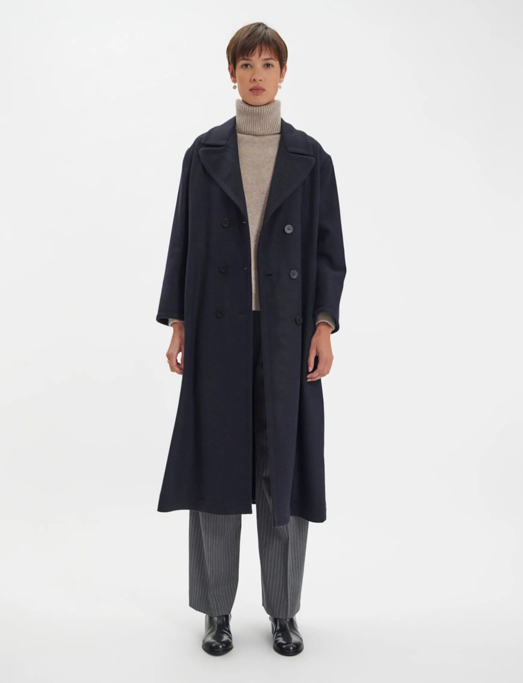 Denise navy and black herringbone wool coat
