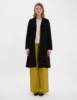 Franck coat in smooth black velvet with gold print