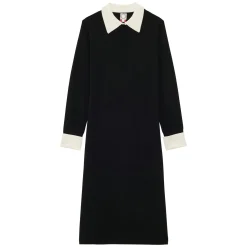 Gabby dress in black merino wool, white cuffs