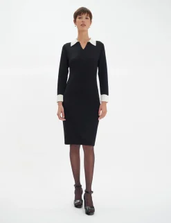 Gabby dress in black merino wool, white cuffs
