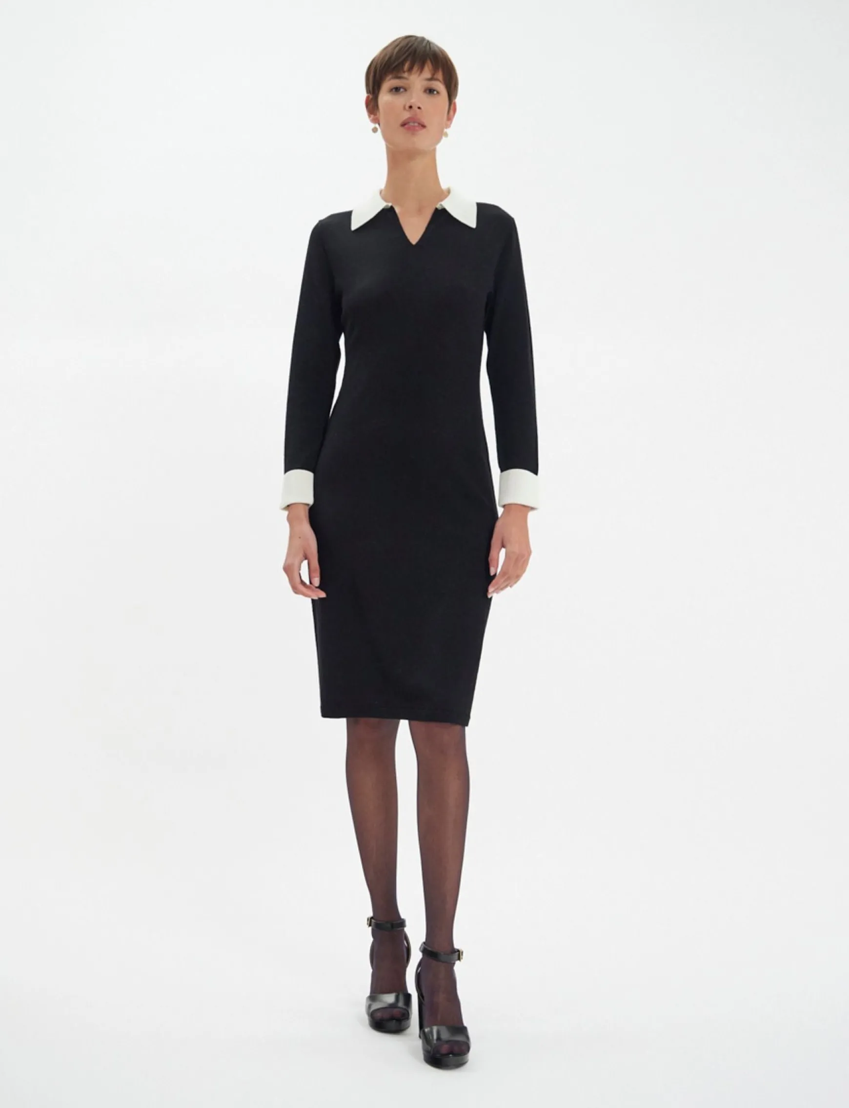 Gabby dress in black merino wool, white cuffs