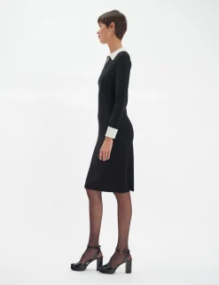 Gabby dress in black merino wool, white cuffs