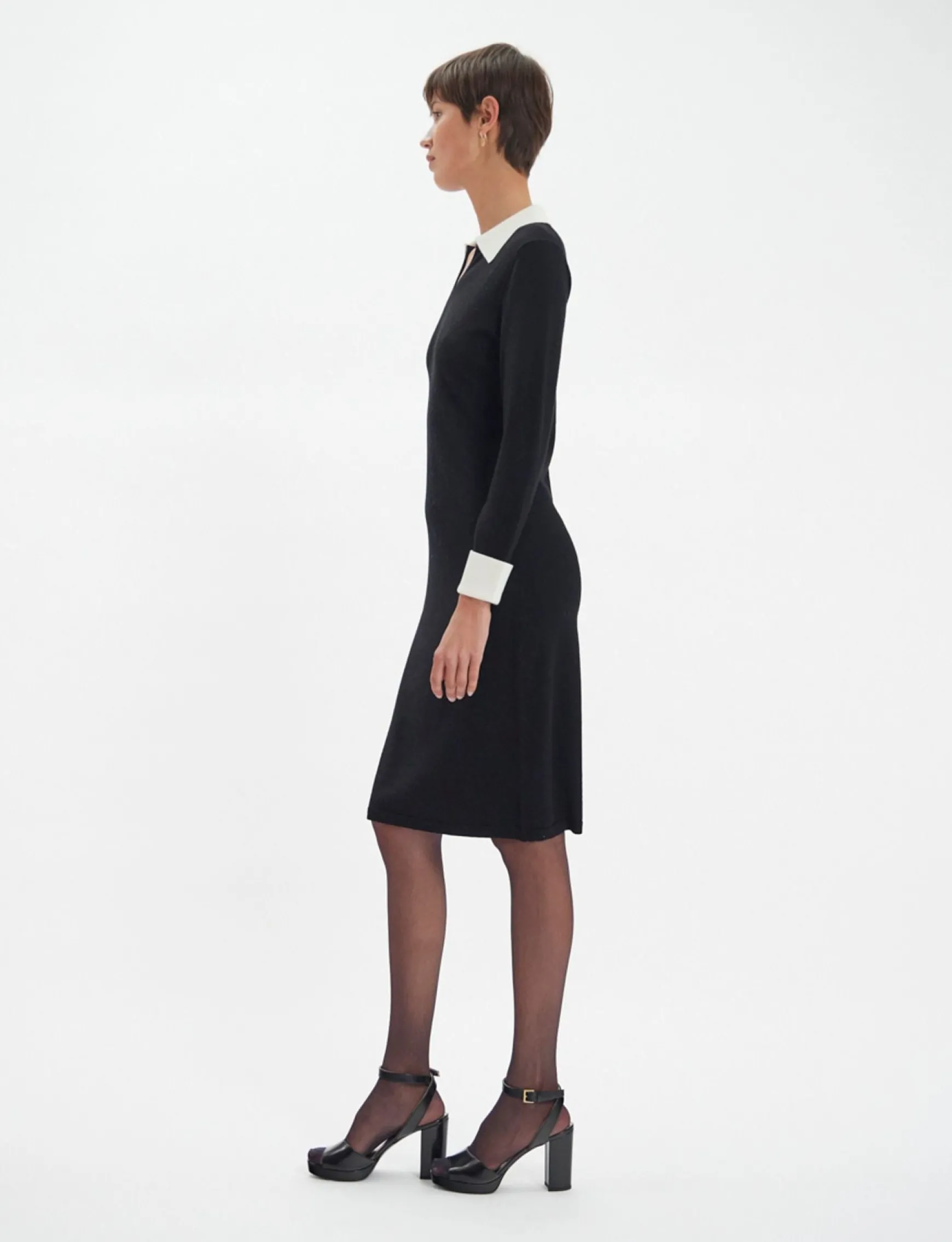 Gabby dress in black merino wool, white cuffs
