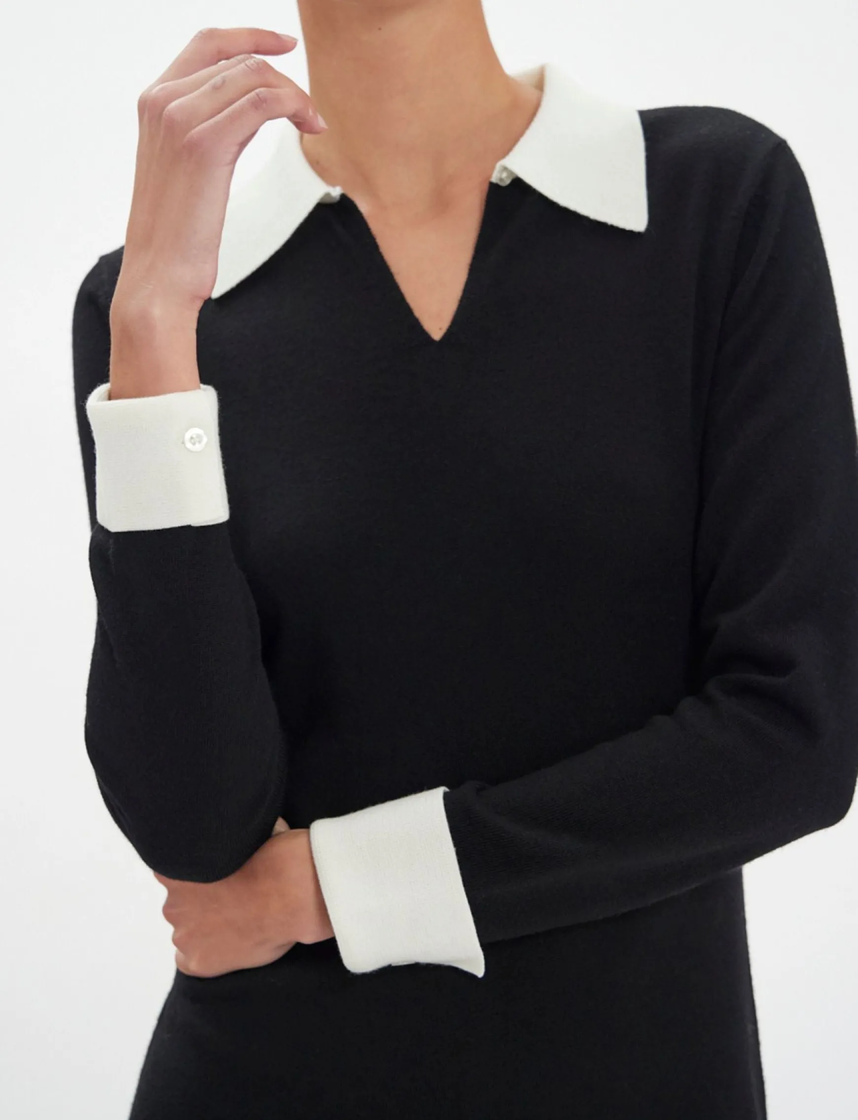 Gabby dress in black merino wool, white cuffs