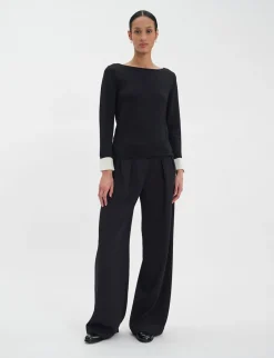 Gigi jumper in black merino wool, white cuffs