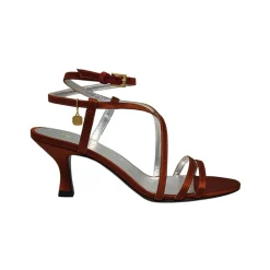 Heeled sandals, tobacco satin straps