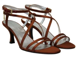 Heeled sandals, tobacco satin straps
