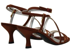 Heeled sandals, tobacco satin straps
