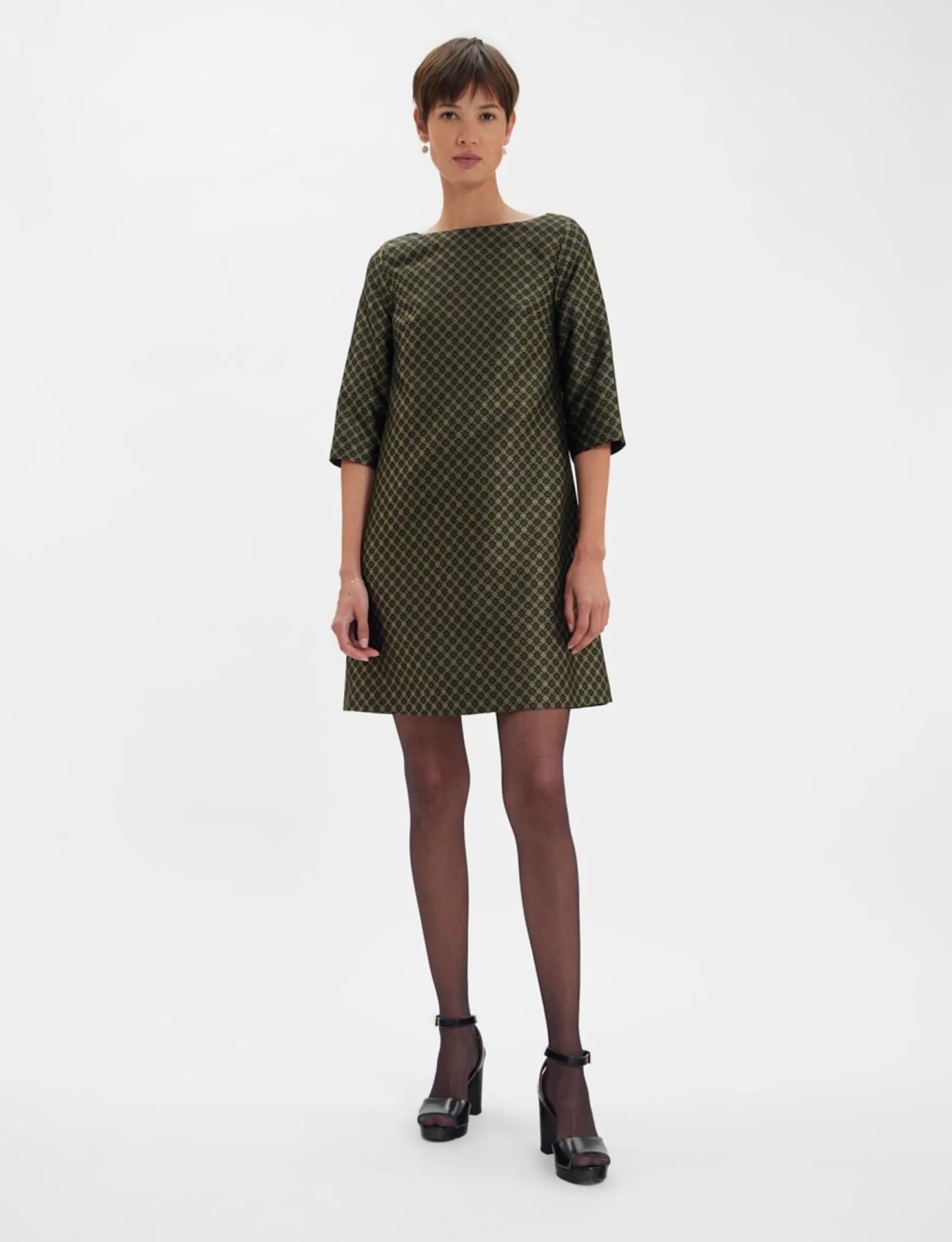 Megan black and gold jacquard weave dress