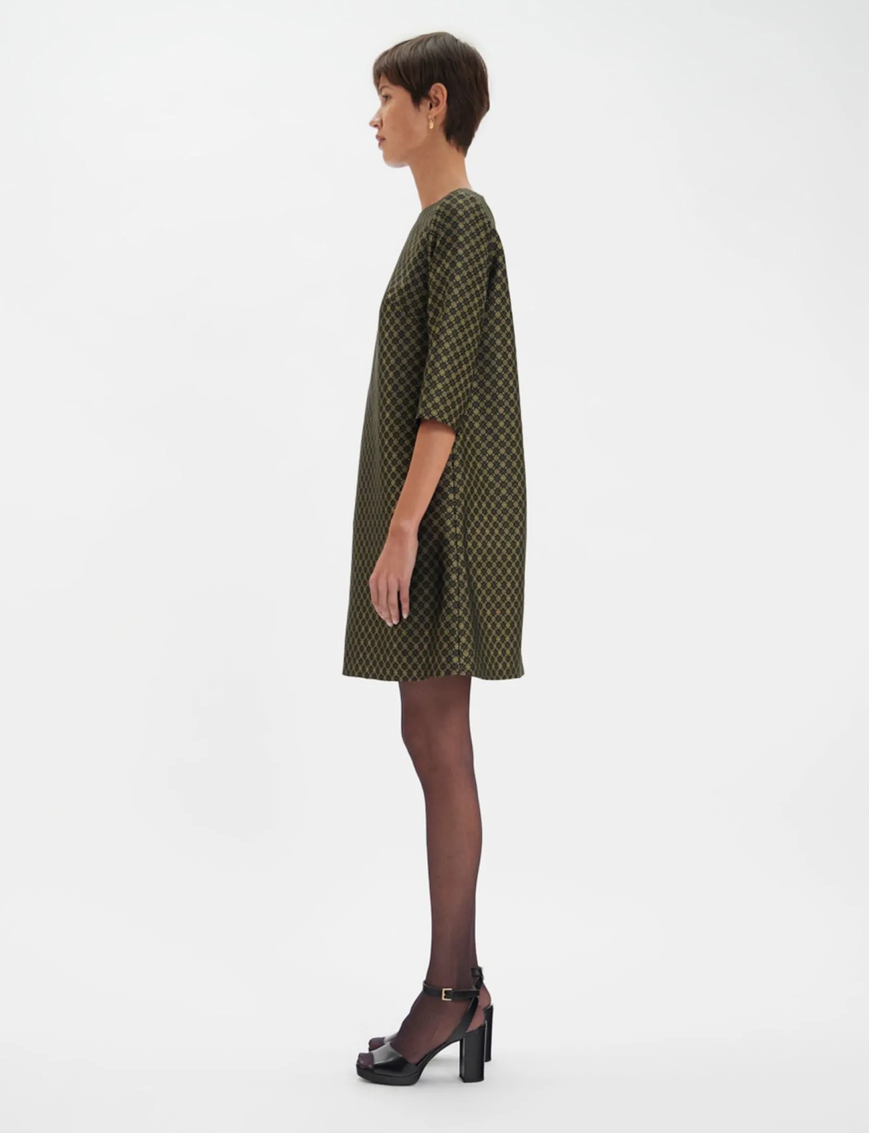 Megan black and gold jacquard weave dress