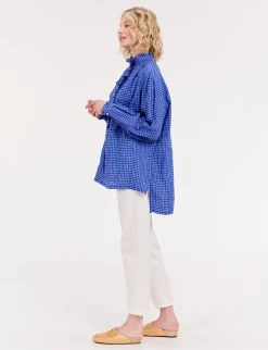 Oversized Maryange shirt with ruffles in blue linen