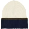 Pedro hat in ecru navy reverse knit, khaki mesh