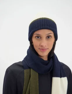 Pedro hat in ecru navy reverse knit, khaki mesh