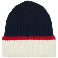 Pedro hat in ecru reverse navy knit, red mesh
